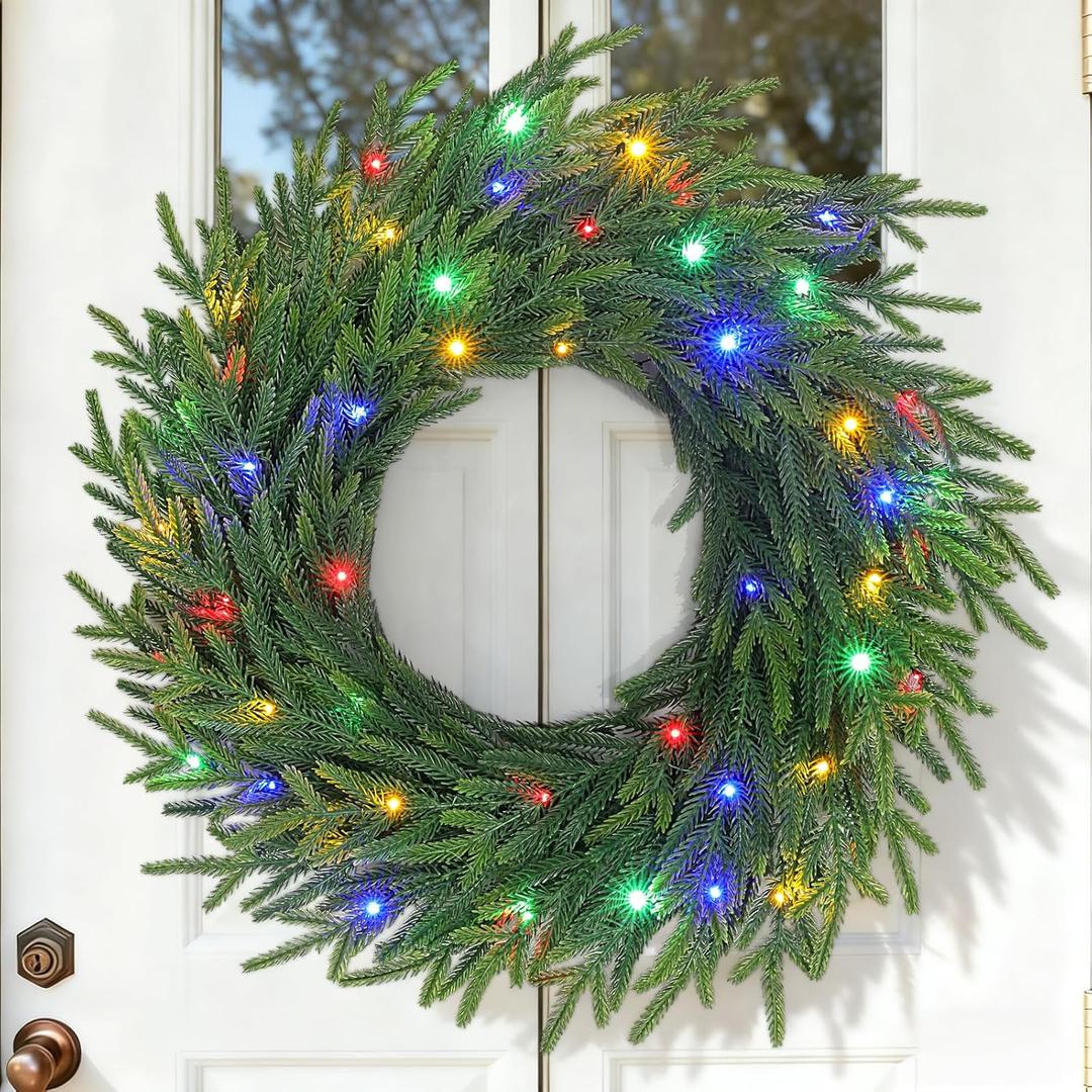 24 Inch Norfolk Pine Wreath with Lights, Pre-Lit Battery Operated Modern Christmas Wreaths for Front Door, Windows, Wall, 8 Lighting Modes & Timer Included Outdoor Xmas Holiday Decorations