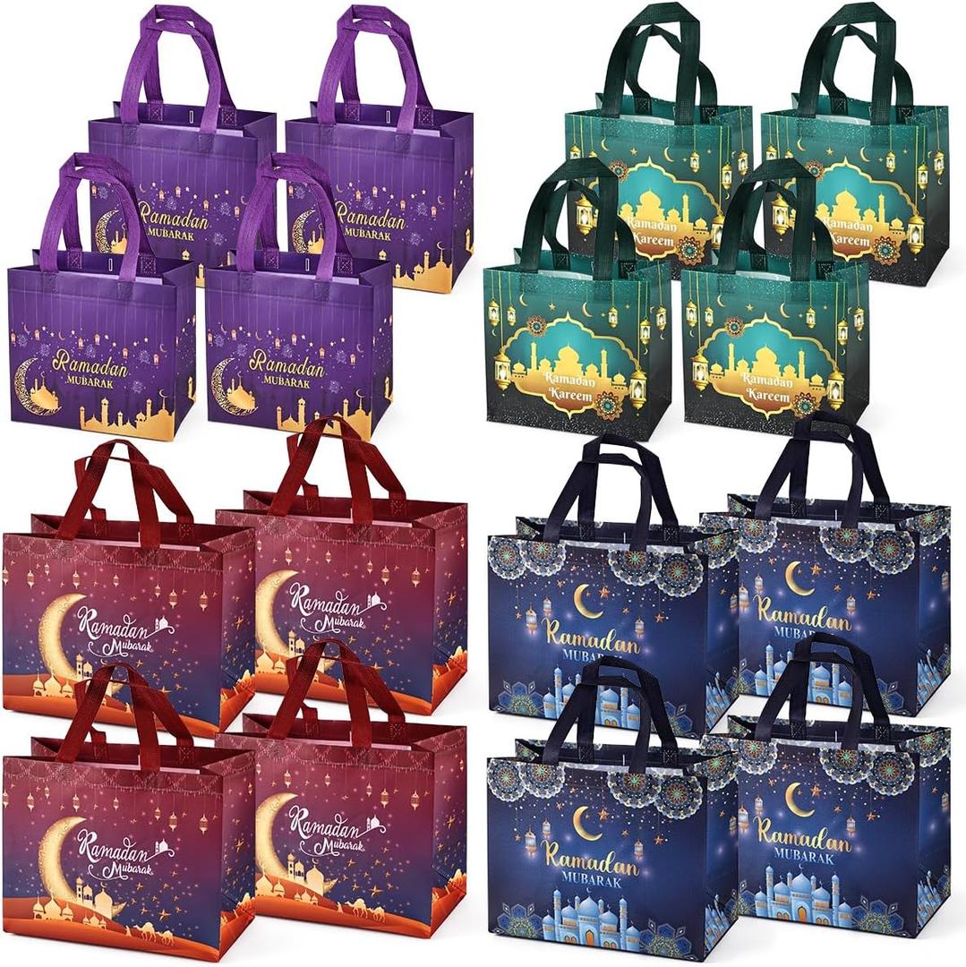 16PCS Ramdan Mubarak Reusable Gift Bags, Assorted Size Treat Bags with Handles, Ramadan Mubarak Party Bags, Multifunctional Non-Woven Ramadan Bags for Gifts Wrapping, Ramadan Kareem Party Supplies