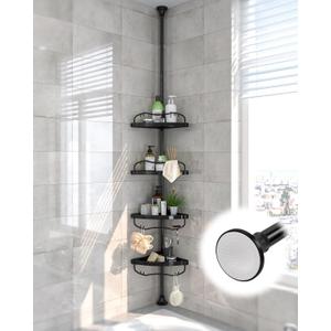 Corner Shower Caddy Tension Pole - 125 Inch Tall Adjustable Inside Shower Organizer 4-Tier Rustproof Bathroom Organizer Shelves for Bathtub Shampoo Conditioner Storage, Floor to Ceiling Standing Caddy (Black)