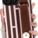 LSL for iPhone 16 Pro Case with Wrist Strap Kickstand, Cute Stripes Vertical Lines Pattern, Camera Protection Slim Soft TPU Shockproof Anti-Scratch Protective Case for Women Girls, Brown