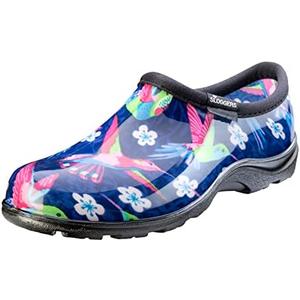 Sloggers Original Waterproof Rain and Garden Shoe for Women– Outdoor Slip-On Garden Clog - Made in The USA with Premium Comfort Insole and Arch Support - Blue/Pink Hummingbird Print, Size 9