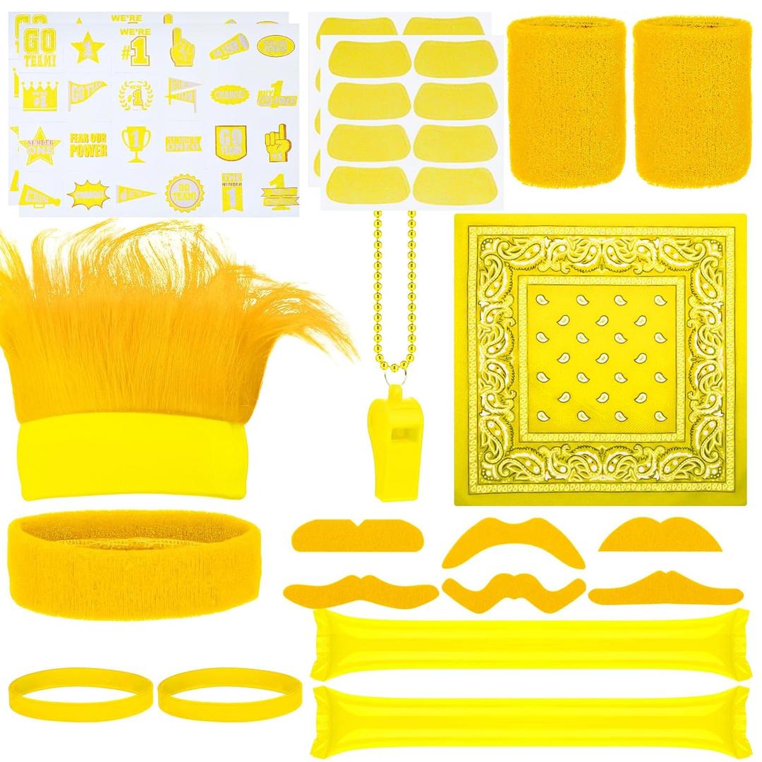 Bonuci 72 Pcs Yellow Spirit Wear Accessories Items Bulk Man Team Spirit Week Accessories Camp Day Item Fake Mustache Crazy Hair Wig Bandana Go Team Tattoo Noisemaker Bam Wristband Eyeblack Sticker