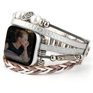 Boho Leather Bracelet Compatible with Apple Watch Bands for Women Men 38mm 40mm 41mm 42mm 44mm 45mm 46mm 49mm - Multilayer Wrap Dressy Apple Watch Strap for Cute Iwatch Band Series 11 10 9 8 7 6 5 4 SE 3 Ultra 3 2 1 (silver)