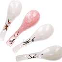 VanEnjoy Set of 4 Chinese/Japanese Ceramic Soup Spoons, Pink Cherry Blossom in Snow Pattern Ceramic Spoon Suitable for Soup