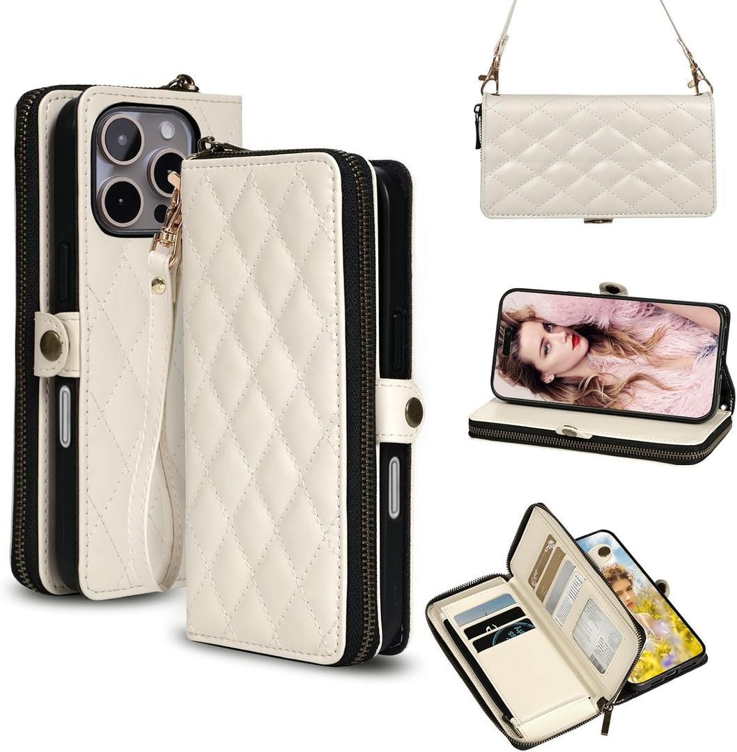 Rssviss Crossbody Case for iPhone 16 Pro Max Case Wallet, RFID Blocking Leather with Card Holder Kickstand, Handbag Zipper Flip Cover with Wrist Strap for iPhone 16 Pro Max Men Women 6.9", White
