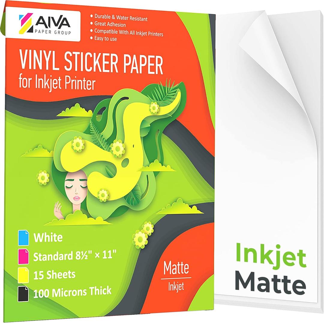 Printable Vinyl Sticker Paper for Inkjet Printer - Matte White - 15 Self-Adhesive Sheets - Waterproof Decal Paper - Standard Letter Size 8.5"x11" (15 Sheets)
