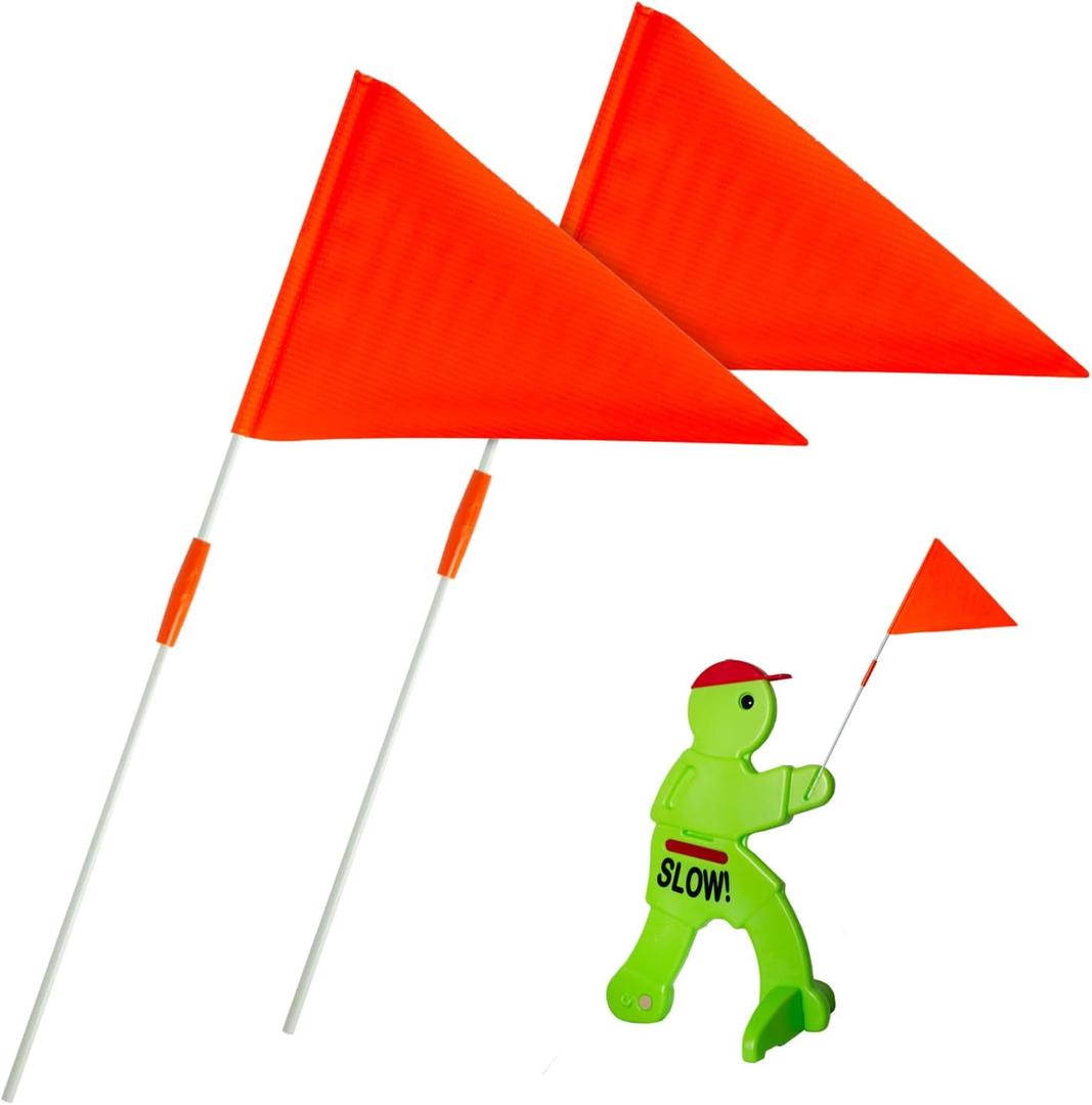 2 Pack Child Slow Down Sign with Flag for Step 2 Kid Alert  Orange Safety Warning Poles  Replacement Pieces for Kids at Play Signs on Street - Safety Flag