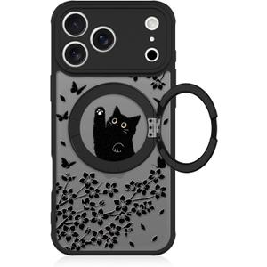 Heaofei Cute Case for iPhone 17 Pro Max Case with Stand [ Compatible with MagSafe ] Kawaii Black Cat & Floral & Butterflies Pattern Design 360 Magnetic Ring Kickstand Phone Cover for Women Girls Boys