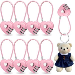 8 Pcs Pink Combination Lock 3 Digit Love Heart Shaped Padlock Code Pink Lock with Steel Wire Rope for Doll Gym Locker Sports Locks Luggage Fence Backpack Gift for Her