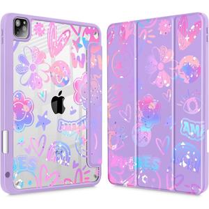  iPad Pro 11 Inch 4th / 3rd / 2nd / 1st Gen (2022 2021 2020 2018) Case -Built-in Pencil Holder Shockproof Cover Clear Transparent Back Shell with Auto Wake/Sleep, Fun Emotions Purple