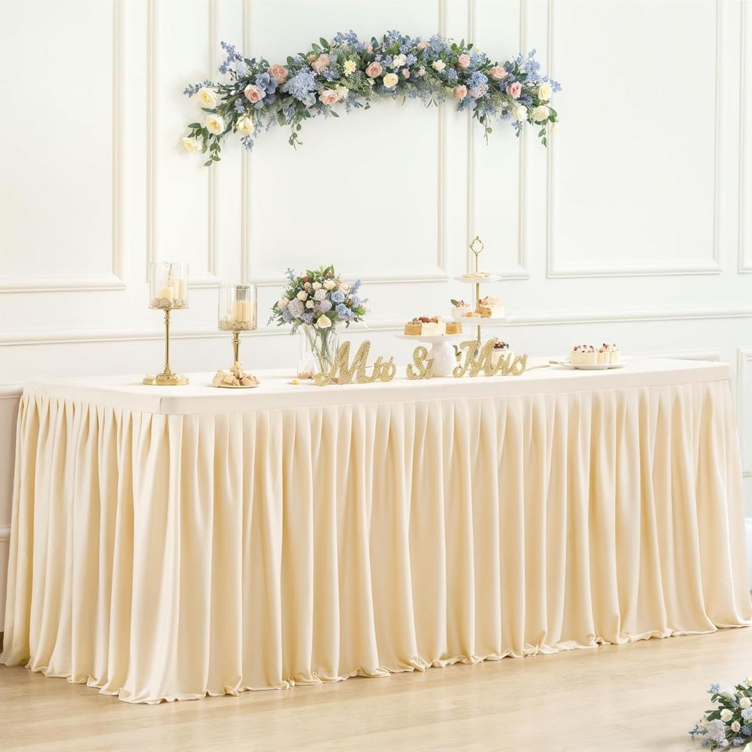 6ft Spandex Champagne Tablecloth for Rectangle Tables Fitted Open Back Washable and Wrinkle Resistant Stretch Rectangular Champagne Ruffle Table Cloth Cover for Event Wedding Banquet and Parties
