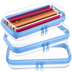 Hoolerry 3 Pcs Clear Hard Zipper Case Hard Plastic Zipper Pouch Makeup Bag Portable Travel Organizer for Cosmetics, Office Supplies, Documents & Toiletries (Blue,Small)