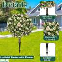 Set of 2 Artificial Topiary Ball Trees with White Mum, Faux Boxwoods for Outdoor Planters with Ground Spike, UV Resistant Artificial Outdoor Plants for Porch, Fake Bushes Round Shrub