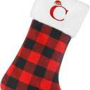 Senneny Christmas Stockings with Initials, 20 Inch Large Red Black Buffalo Plaid Monogram Xmas Stockings with White Plush Faux Fur Cuff, Christmas Decorations for Family Holiday Party, Letter C