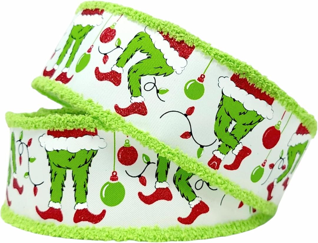 RG Ribbon 2.5" Christmas Elf Legs Wired Ribbon with Furry Drift Edges for Bows, Wreaths, Crafts and Decorations (White, Red, Lime Green - 10 Yards)