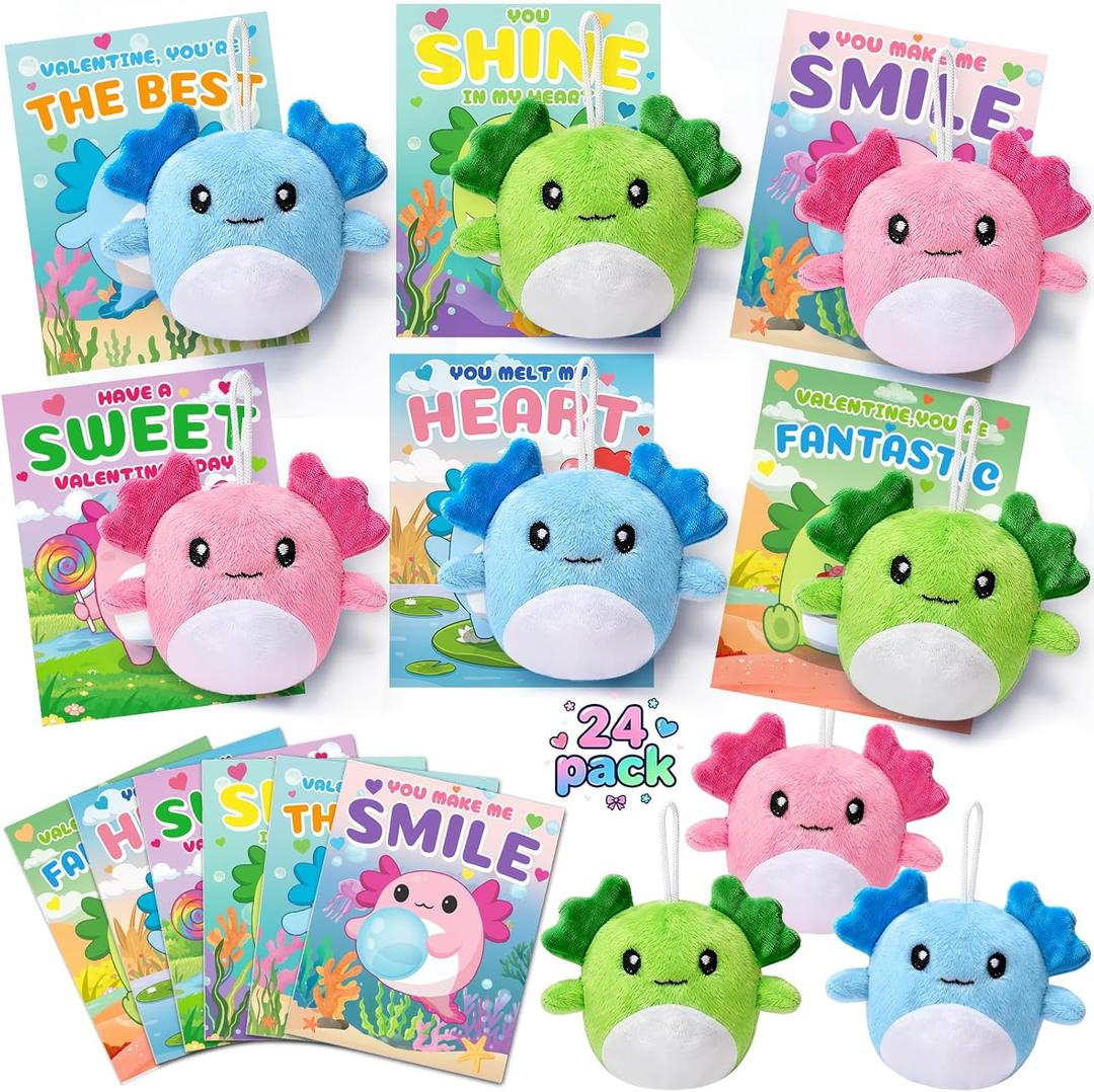 Valentines Day Gifts for Kids Classroom, 24 Pack Axolotl Plush Toys with Kids Valentines Cards, Stuffed Axolotl for School Valentines Gifts Exchange, Valentines Party Favors Supply for Boys Girls