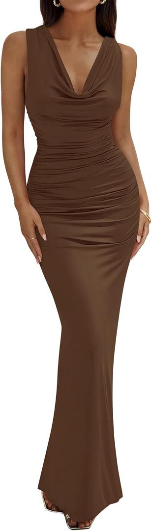 BTFBM Cocktail Dresses for Women Spring 2026 Cowl Neck Sleeveless Ruched Slim Fit Maxi Formal Wedding Guest Dress (Small, Brown)