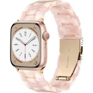 Lerobo Resin Watch Band Compatible with Apple Watch Series 11/10 38mm 40mm 41mm 42mm for Women Men, Tortoise Bracelet Lightweight Strap for iWatch (Floral Pink-Rose Gold)