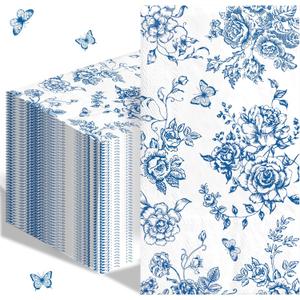 100pcs Blue Floral Napkins Disposable Hand Towels for Bathroom 3 Ply Blue and White Guest Decorative Paper Napkins for Bridal Tea Wedding Birthday Party Supplies Table Decorations