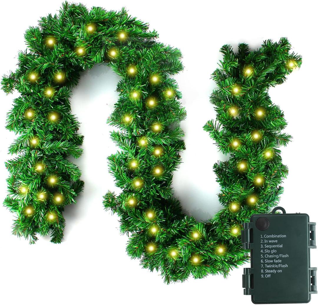 10FT Pre-lit Christmas Garland with 50 LED Lights, Battery Operated with Timer, Lush Artificial Xmas Greenery for Indoor & Outdoor Holiday Decoration, Green