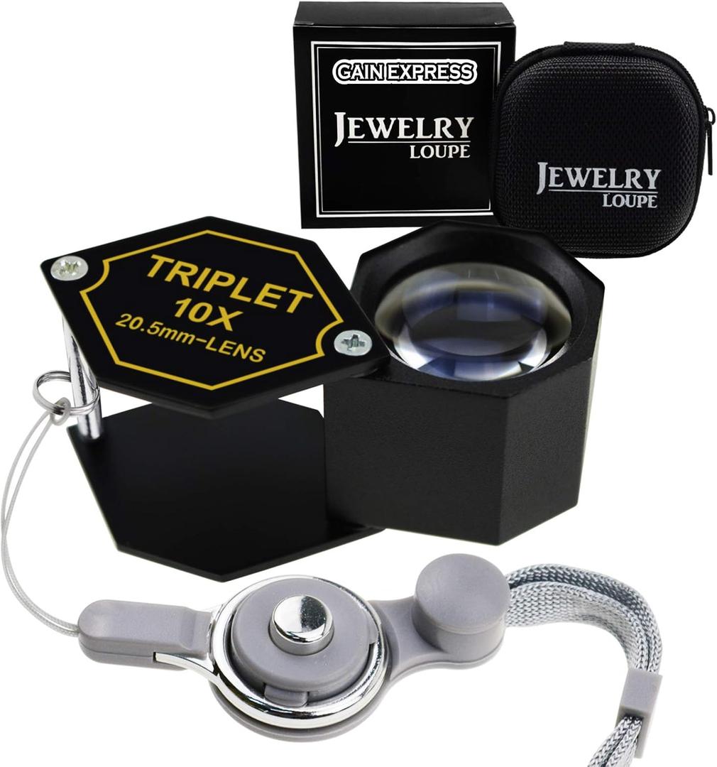 Gain Express 10x Magnification Jewelery Loupe, 20.5mm Triplet Lens Achromatic Optical Glass Metal (Aluminum) Body Black Frame Hexagonal Design Kit Set Jewelry Pocket Magnifying Tool