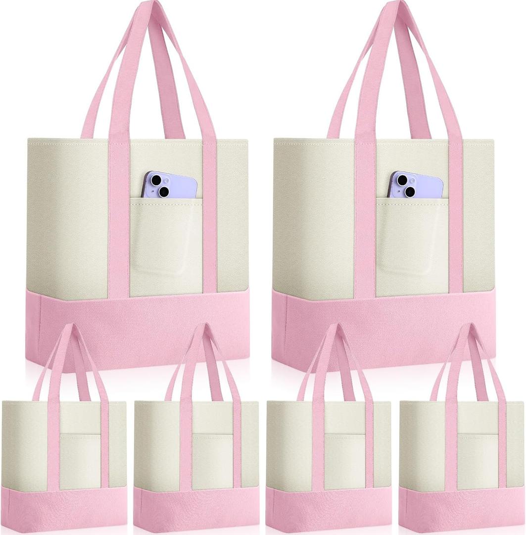 Sanwuta 6 Pcs Canvas Tote Bags Bulk with Outer Pocket Small Sublimation Blank Canvas Tote Reusable Grocery Bag for Women, DIY Craft (Pink)