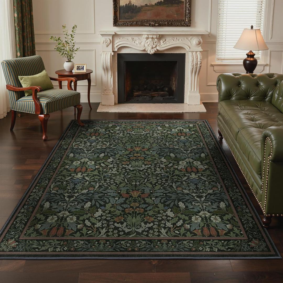 GENIMO 5x7 Washable Area Rugs for Living Room, Non Slip, Dark Green | Vintage Boho Floral Low Pile Thin Carpet for Bedroom, Dining Room, Nursery, Indoor Decor