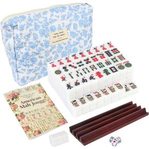 Travel American Mahjong Tile Set | 166 PCS 0.8 Inch Mini Mahjong Game Tiles, 4 Wooden Racks, Floral Storage Bag, 3 Dice & Beginner's Guide, Complete Portable Set