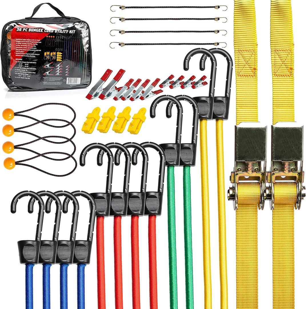 TOOLUXE 50888L Bungee Cords Kit, 36pc Assorted Bungee Cord Hooks Set, Large & Small Loop Rope with Hooks, Outdoor Canopy Ties, Ratcheting Straps, Steel Spring Clamps, Plastic Alligator Tarp Clips