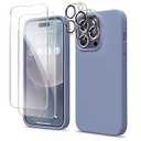 GONEZ for iPhone 14 Pro Case, with 2 Pack Screen Protector + 2 Pack Camera Lens Protector, Soft Anti-Scratch Microfiber Lining, Shockproof Protective Liquid Silicone Phone Cover 6.1'', Lavender Gray