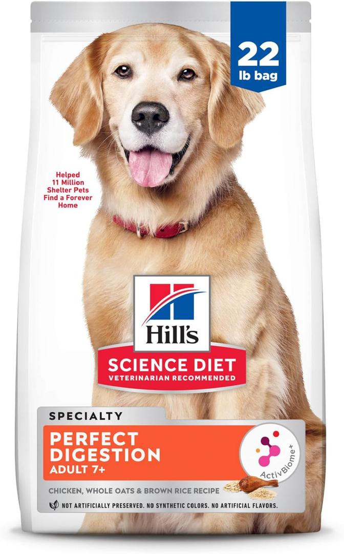 Hill's Science Diet Perfect Digestion, Senior Adult 7+, Digestive Support, Dry Dog Food, Chicken, Brown Rice, & Whole Oats, 22 lb Bag (22 Pound (Pack of 1))
