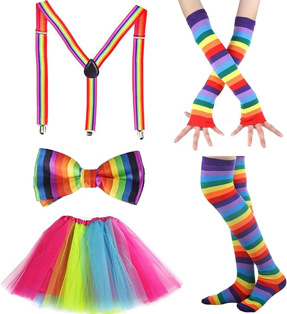 80s Costume Neon Outfits Accessories Set Women Fancy Dress Rainbow Tutu Leg Glove Necklace Headband Earring Glasses, Large