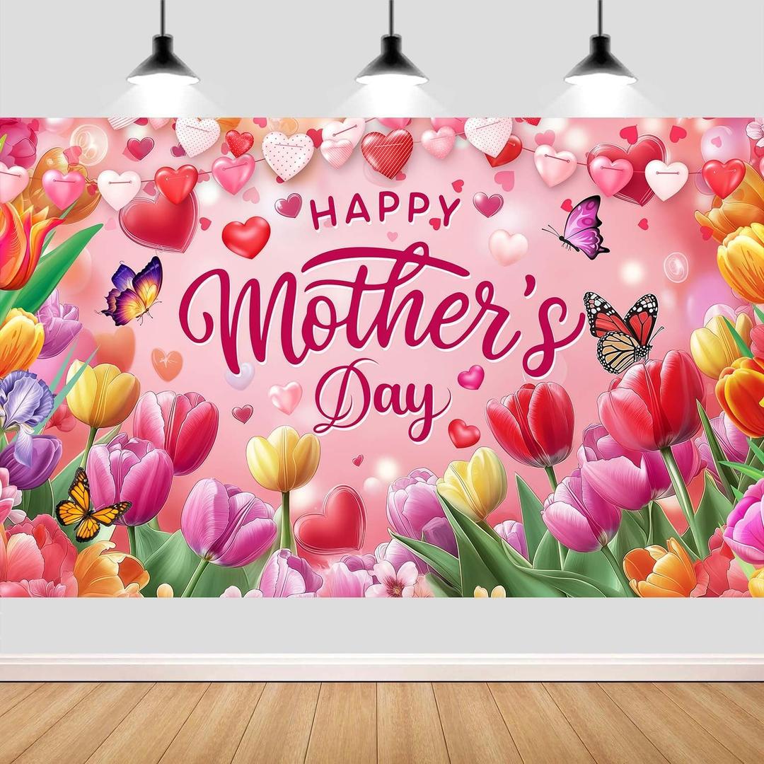 Mother's Day Backdrop Happy Mother's Day Party Decor Banner Supplies Heart-Shaped Balloon Floral Tulip Butterfly Pink Photography Backdrop,Holiday Wall Decor for Indoor Outdoor Garden Yard 7x5ft