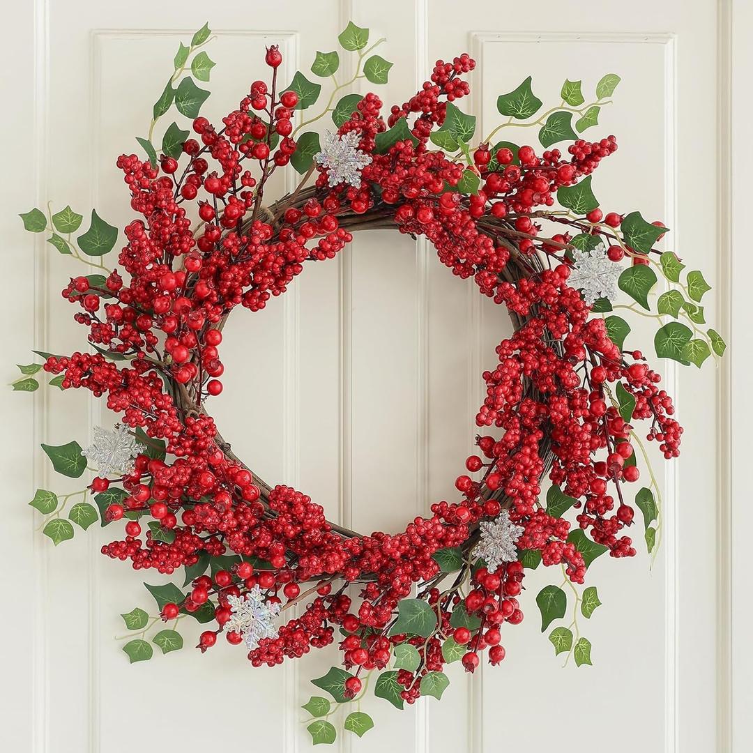 Hometrance Red Berry Christmas Wreaths for Front Door 20 Inches, Xmas Winter Wreath with Snowflakes for Window Outdoor Outside, Artificial Holiday Farmhouse Modern Wreath for Indoor Decor