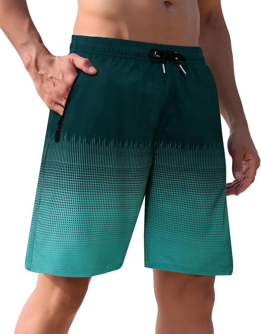APTRO Men's Swim Trunks 9 inch Bathing Suit Board Shorts with Zipper Pockets Swimming Swimsuit Beach Shorts Big and Tall (Large, A02 Black Green)