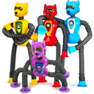 Christmas Stocking Stuffers Gift for Boys Robot Dog Sensory Pop Tube for Toddler Kid 4PC Travel Toys Airplane Car Toy Activities Autistic Road Trip Suction Tube for Boys 3 - 8 ADHD Autism
