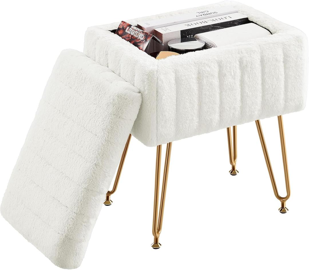 DUMOS Vanity Stool Chair Ottoman with Storage, Makeup Cute Soft Small Footstool Modern Style Faux Fur Seat with 4 Metal Legs & Adjustable Feet for Dressing Living Room Bedroom Dorm, 12.2" x 16" x 18.9"