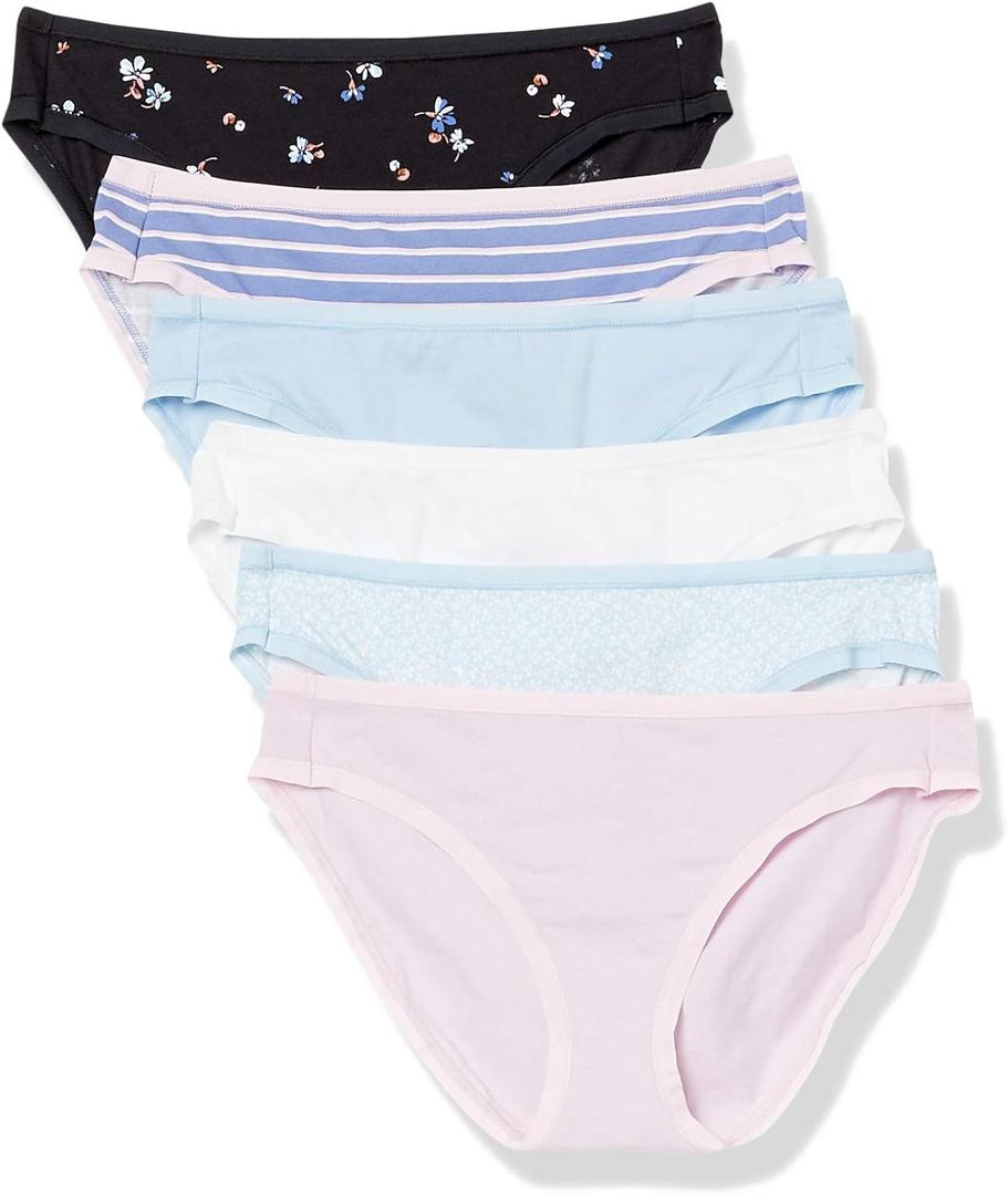 Amazon Essentials Women's Cotton Bikini Brief Underwear, Multipacks (Black Floral/Blue/Ditsy Floral/Light Pink/Stripe/White , X-Small)