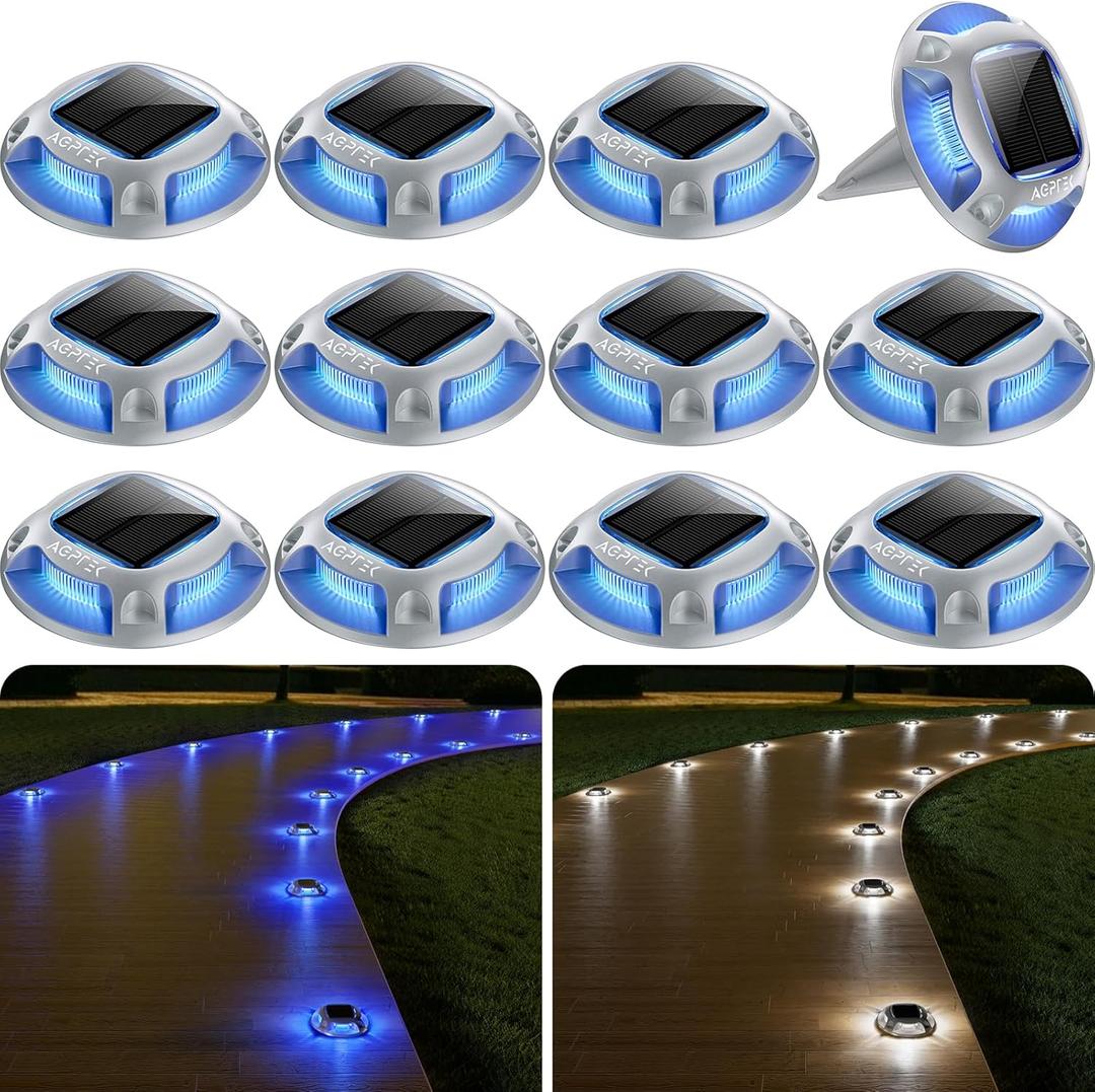 AGPTEK Solar Driveway Lights 12 Pack, 2 Colors in 1 Outdoor Solar Deck Dock Marine Waterproof LED Driveway Marker Security Lights for Outside Pathway,Boat Dock,Step,Walkway,Path,Garden (Blue & White)
