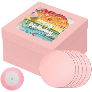 Bakepacker 12x12x8 Cake Box, 18 Sets Pink Cake Box with Window  18 Sets 12" Cake Round Boards, 12inch Cake Containers, 10 Meters Silk Ribbon