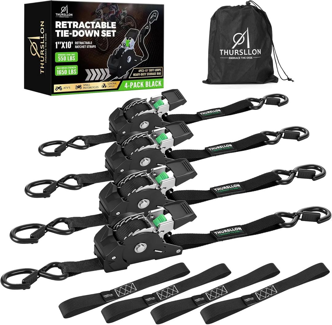 Retractable Ratchet Straps (4-Pack) - 1 Inch x 10 Feet (1,650lb Break Strength) - Auto Self Retracting Tie Down Straps for Truck, Cargo Trailer, Motorcycle, ATV, UTV - Black
