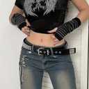 EMMIOL Cool Y2K Belt Women Black bb Belt Silver Buckle Oval D Ring Star Belts Trendy Streetwear Punk for Jeans (Fits 30" -38 " Waist)