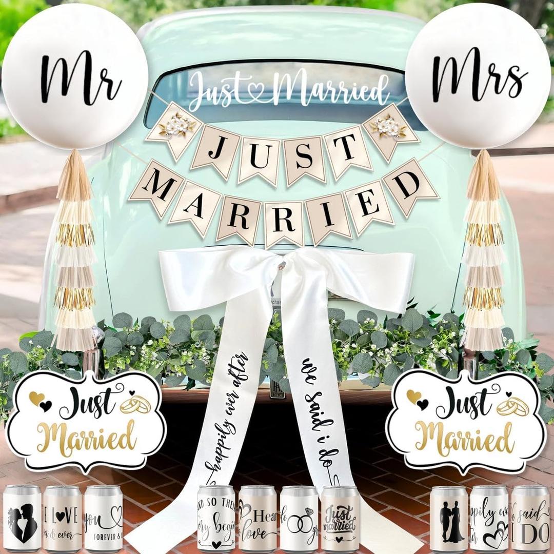 33 Pc Just Married Car Decorations  Wedding Reception & Ceremony Decor  Banners, Stickers & Balloons  Elegant Reusable Wedding Car Kit  Weather-Resistant & Easy to Apply  No Residue