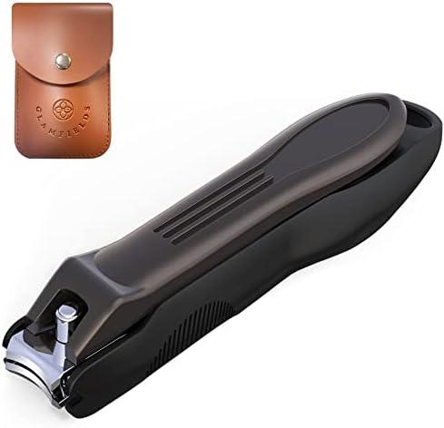 GLAMFIELDS Nail Clippers with No Splash Storage Box, Large Fingernail Toenail Clipper Detachable Easy Clean Nail Cutter Trimmer with Nail Files for Men & Women, Leather Case Packed(Black -1Pack)