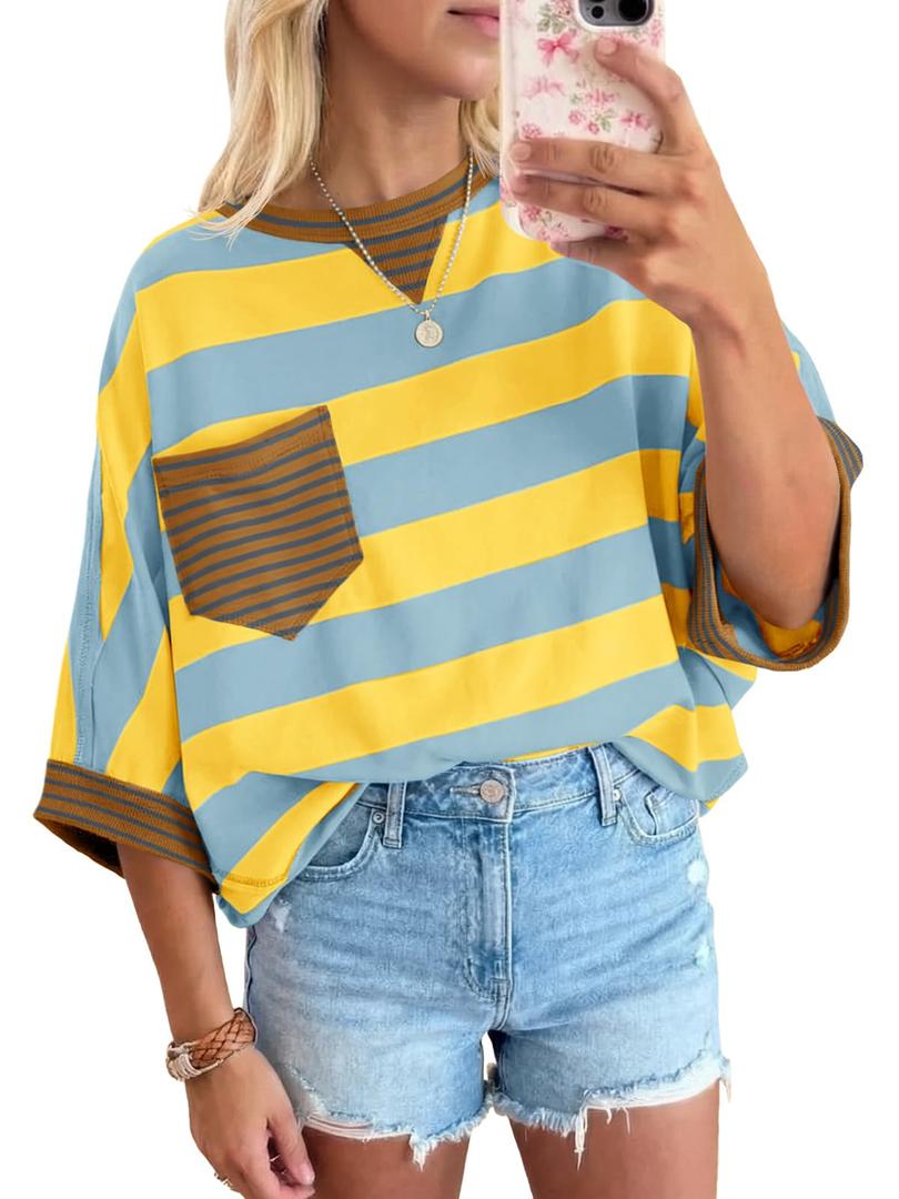 Fisoew Womens 2026 Summer Color Block Striped T-Shirts Oversized Short Sleeve Crewneck Y2K Tops Casual Loose Tees, XL