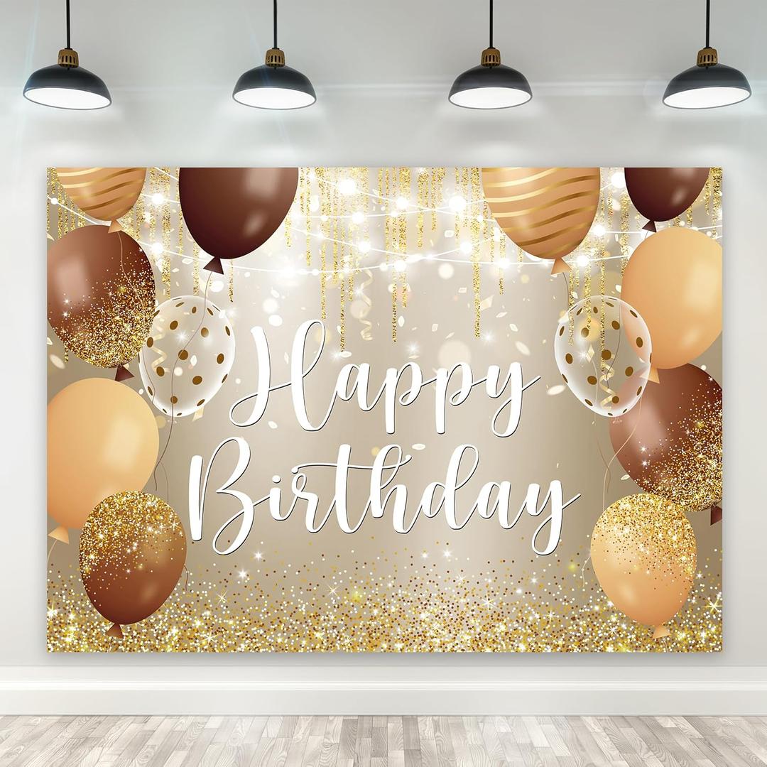 Riyidecor Gold Brown Happy Birthday Backdrop Modern Luxury Balloons Champagne 7Wx5H Feet Polyester Fabric Sparkle Bokeh Dots Photography Background Men Women Bday Table Decor Banner Studio Photo Shoot