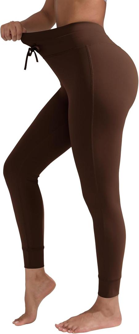 Women's Drawstring Tie Daily Leggings High Waist Workout Yoga Pants Ultra Soft Gusseted Crotch (X-Large, Brown)