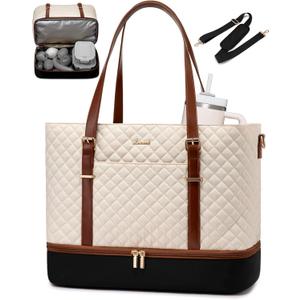 LOVEVOOK Lunch Tote Bag for Women, 15.6 Inch Laptop Work Bag With Lunch Compartment & Large Cup Holder, Lightweight Work Briefcase for Travel, Bussiness, Teacher (Black-beige-brown)