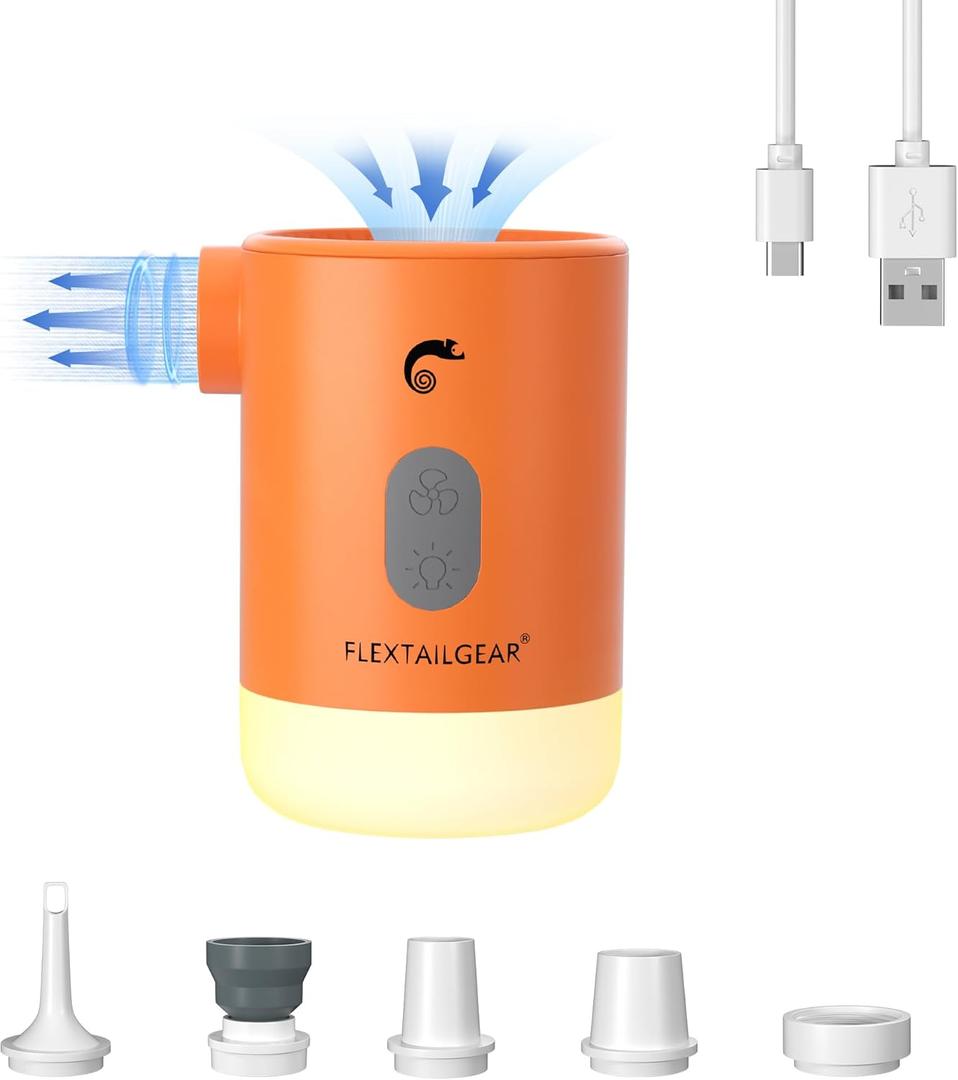 FLEXTAILGEAR 4.5kPa Air Pump for Inflatables, Portable Air Pump with Led Light, 3600 mAh Rechargeable Battery Air Mattress Pump Inflator Pump for Pool Floats Boats Sleeping Pads Inflatable Toys (Orange)