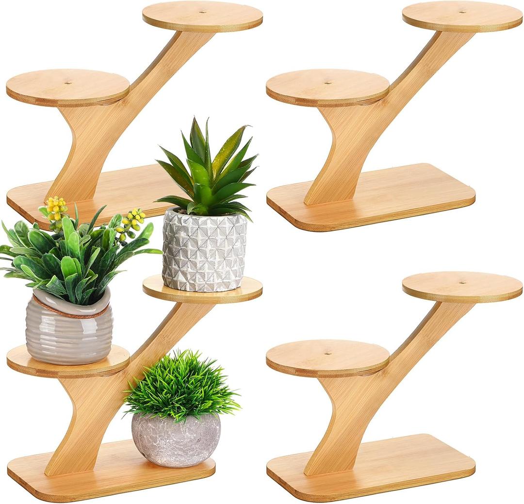 4 Pcs Bamboo Plant Stand for Indoor 3 Tiers Succulent Windowsill Shelf Small Tabletop Plant Flower Holders for Home Garden Patio Lover Gift Office Living Room Bedroom Decoration